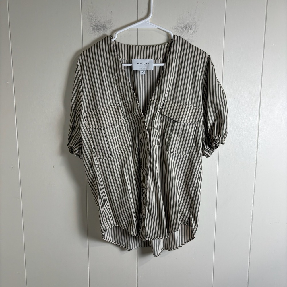 MAGGIE The Label Striped Pocket Tencel Shirt Top XS Green Beige Made in Portugal